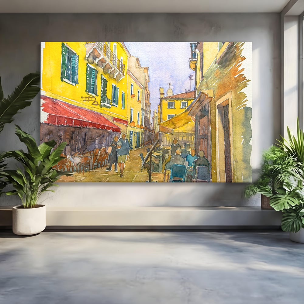 Tablou canvas cu pictura acuarela strada cu terase, fara rama, pe sasiu de lemn